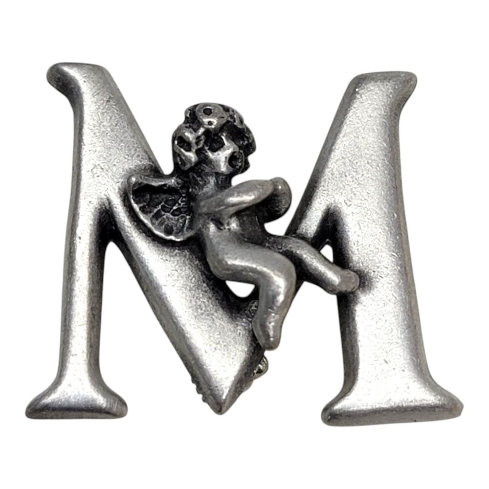 Vintage L Razza Cherub Angel Initial Letter M Brooch Pin Silver Tone Pewter